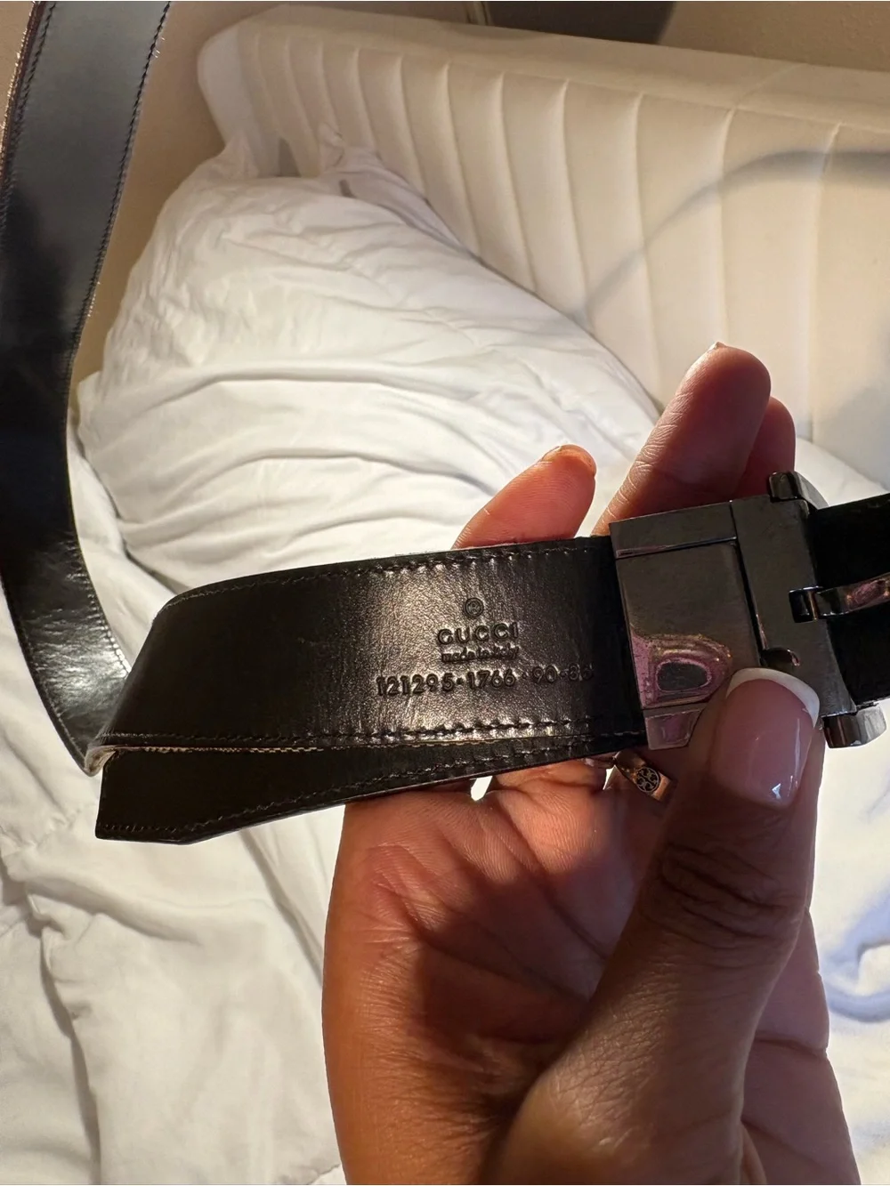 Gucci Reversible Monogram and Black Leather Belt with Silver Buckle